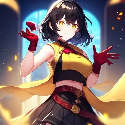 Clear focus,High resolution, Black short fluffy hair, and yellow eyes, wearing a black short skirt, sleeveless crop top, wearing long dark red gloves, yellow cloak, Holding hand out