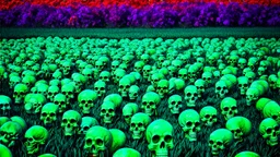 mars attacks a field of 1000s of cartoonish, anatomically correct, skulls, vivid RANDOM BRIGHT neon colors, dark comedy, well lit, high detail, photorealistic, horrorcore, fun, scary, none featured, each a different color or hue,