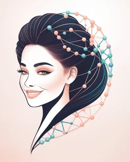 a woman smiling face, close eyes, pastel peach colors, DNA molecule hair thread imitation,