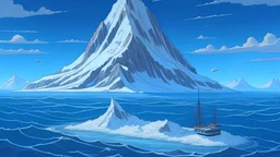 lonely snow mountain in icy sea drawn by studio ghibli