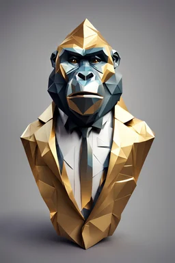 close up of a low poly origami of golden reflective metallic over size gorilla wearing tuxedo singing gradient solid background