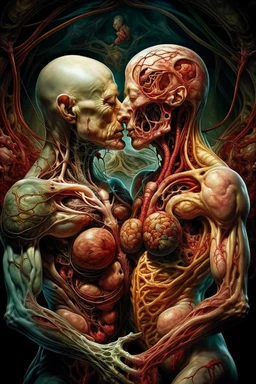 cinematic gore photorealistic fleshy dmt lsd photo of 2 bodies making love, 1 male 1 female, 1 soul, complementary, twisted anatomically fragmented, ripped apart again being flayed, skinned alive. A beating heart, muscles, blood vessels, bowels, entrails are exposed. anatomy. physiology. Bosch and Dali inspired hallucinations. mythology. grotesque.