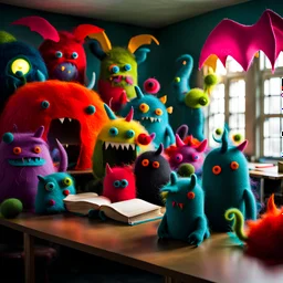 monsters in a classroom, made of felt, volumetric light, hypermaximalist, odd, paranoic light