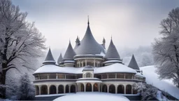 2055, rule of thirds, delightful, sensitive, confident, undulating sinusoidal castle with pointed hyperbolic roofs, delicate, thick snow, symmetrical, exquisite architecture, innovative design, perfect symmetry, award-winning photograph, beautiful composition, filled with beautiful detail, delicate colour, chiaroscuro