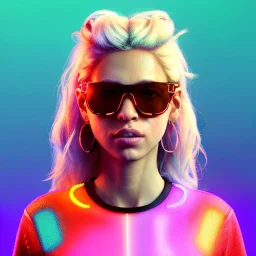 Shakira, artist, 30 years old, Realistic image, waist up portrait, etro style dress, oversize. Gucci sunglasses. Blonde, loose long hair, eyes make up, perfect, glow, circle iris. Neon colors, leds, geometric. Cyberpunk. concept art, smooth, unreal engine 5, god lights, ray tracing, RTX, lumen lighting, ultra detail, volumetric lighting, 3d, finely drawn, high definition, 4k.