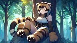 Girl, raccoon tail, raccoon ears, sit on tree, night time, forest, raccoon paws in foot, raccoon hand, raccoon legs.