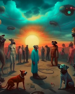 Bosch painting style, nightmare , prisoners lined up in circle , one after another , in the middle a an Ai robot as guard with a dog , great quality picture with cinematic scenes , heavy clouds in the background