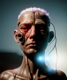 Ultra realistic photographic night portrait, cinematic, naked, shaved hair <man> <hanging wires> many wires coming out of the head <perfect pupil> <cyborg> <garage> <wide angle Shot> <sci-fi futuristic> <thriller>, fog, soft color, highly detailed, unreal engine 5, ray tracing, RTX, lumen lighting, ultra detail, volumetric lighting, high definition.