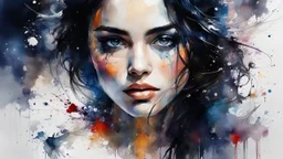 <lora:Texturized:1.0> Paint splatter painting in the style of Willem Haenraets, Geoffrey Catherine Jones, Waterhouse, Carne Griffiths, Minjay Lee, Ana Paula Hoppe, Frank Frazetta, beautiful watercolor of an extremely dynamic cinematic close-up portrait of a woman with black hair at midnight. Extreme detail, delicacy, complexity, sharp focus, global illumination, textured