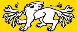 wide heraldry Lion, full body , black outline and red interior on yellow background, simplified vector logo