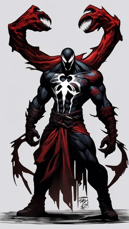 A close picture of Venom symbiote with kratos red tattoos and Clothes, holding blade of choice