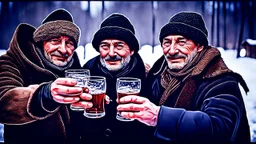 close-up photo, european hungarian villager mens in dark winter cloths toasting men's hands holding short drink glass glasses with water, winter, low light, background blur old authentic villager faces, high detalied, sharp focus, high realistic, perfect photo