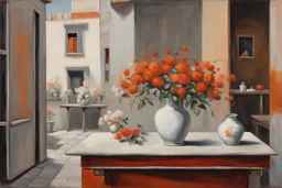 An oil painting depicts an indoor scene. On the left side of the picture is a white vase with white and red flowers in it. Below the vase seems to be a table or a counter. On the right side of the background is part of a building, showing orange and gray tones, with clothes hanging out to dry on the building. The whole picture is rich in color, with rough brushwork, giving a warm and vivid feeling.