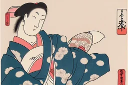 ukiyo-e style print of a white rabbit with a human body wearing a soft pink yukata and walking by the sea