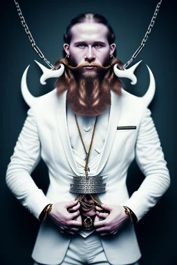 Viking BDSM style, 8K, a Highly detailed portrait of a man holding a submissive woman in a chain, white suit, beard, and short hair