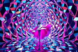 very complex structure ,pretty color environment 3d metalic recursive animating beveled geometric base very complex structure emiting mirror bubbles that broke, goddess lady in a pretty cleric dress comes out dancing gracefully , viberating color moving very in modern city escape environment while camera tracking it.