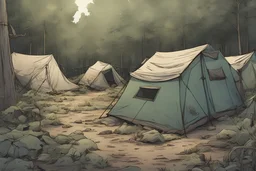campsite, tents, overgrown, post-apocalyptic, comic book, forest