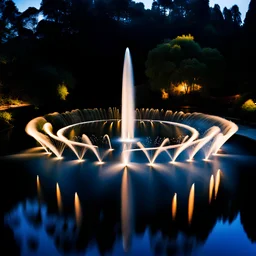 camera captures from above,Create a scene where 16 fountains in a small sea shoot water jets in the shape of a love symbol, creating beautiful splashes in the water.