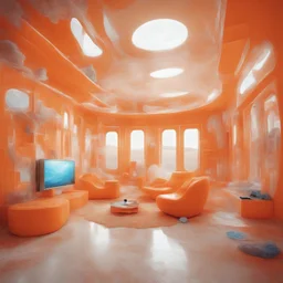 Surreal living room where everything is in plastic, orange, even the walls and windows and carpet, futuristics