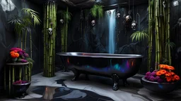 full-body shot of an insatiably evil black opal iridescent pearlescent dark witchy bamboo island bathroom with furniture made of branches, dark stone clawfoot tub, flowers hanging from marble bamboo columns, waterfall shower, colorful macabre, Dariusz Zawadzki art style, liminal spaces, horror art, dark gaming background, wet, glossy, horror art, trypophobia, eerie, intricate details, HDR, beautifully shot, hyperrealistic, sharp focus, back lit, 64 megapixels, perfect composition, high contrast