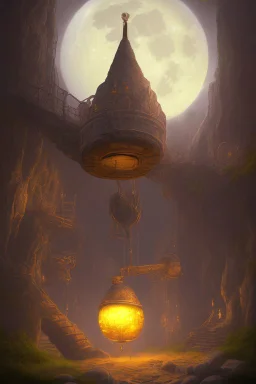 abstract, Moon like lamp in a dwarven mine underground, dungeon
