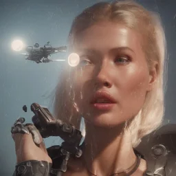 Ultra Realistic retro sci-fi movie war scene, waist up view portrait, blonde woman pointing a gun, sweet young Claudia Schiffer face, perfect iris, glow eyes, makeup, weapon. Drones background, Retro sci-fi style, helmet, tight latex coat, fog, rain, soft color, highly detailed, unreal engine 5, ray tracing, RTX, lumen lighting, ultra detail, volumetric lighting, 3d, finely drawn, high definition, high resolution.