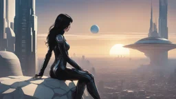 A white woman with black hair, in an android-looking catsuit, sitting on a rock, sideways, with Saturn planet behind her, filling most of the sky, a futuristic city on the horizon, evening sunlight