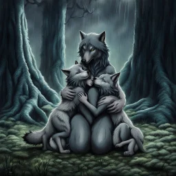 an anthropomorphic female wolf hibrid hugs with paws her two anthropomorphic wolf-kid hibrid child on field, in background tall trees wirh big trunks, rain, down on blue-green moss, hug each other , rainy day, high contrast, high detalied, atmospheric, fantasy, sci-fi mood