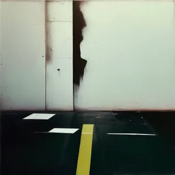 Minimal contemporary abstract oil paintings of a desolate 1960s carpark with road markings and concrete fragments. style of Justin Mortimer and Francis Bacon.