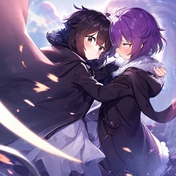 floating in air, backflip,{{anime}}, detailed beautiful short hair,{{fluffy hair}}, delicate and intricate hair, black loose raincoat with hood, purple and black eyes, blush, beautiful detailed eyes, {beautiful face}, cinematic light,{masterpiece}, beauiful illustration, offical art, upanime