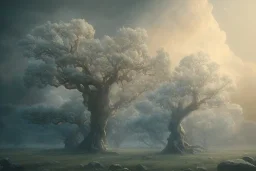 a beautiful digital painting of a marble tree entertwined in tumutluous clouds, intricate white branches and birds flying in the sunlight, blue sky at sunset, elegant, highly detailed, artstation, concept art, matte, sharp focus, art by tom bagshaw, kelogsloops and greg rutkowski