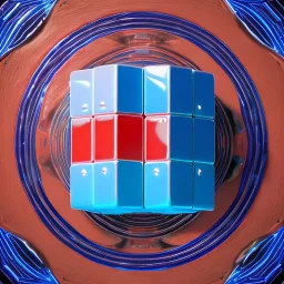 a blue metallic 4d cube inside a 4d red rotating cube in a four dimension environment