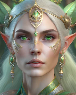 portrait d'une reine des elfes. Elle a la peau très claire. On voit ses veines sous sa peau. Ses cils, ses sourcils et ses cheveux sont verts. Ses pupilles sont uniques. Elle a un regard froid et fronce les sourcils. La moitié de son crâne est rasé. Elle porte des ornements. Haute résolution. 4K. 8K. Style fantasy.