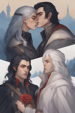 A couple from the dnd game curse of Strahd kissing. She has white hair he has long black hair.