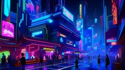 A futuristic entertainment district at night, with glowing neon lights, floating holographic screens, and ultra-modern architecture, filled with people enjoying bars, cinemas, and virtual reality.