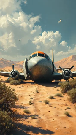 A 1950 commercial airplane with broken glass and doors in front of crashed in realistic desert with sand dunes , in a forgotten battlefield over run by vegetation, cutesy tiktok detailed oil painting, grainy, old style
