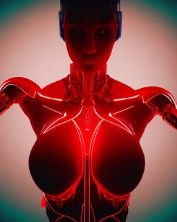 A beautiful portrait of a cyborg body women red color scheme, high key lighting, volumetric light high details psychedelic background