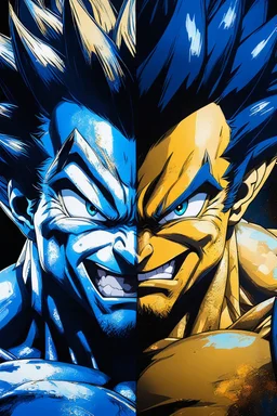 Poster in two gradations, split in half, one side "Vegeta's face", other side "Goku's face", midline of the face, painting by Yoji Shinkawa, dark blue and GOLD detailed iridescent, metallic, translucent, dramatic lighting, hyper futuristic, digital art, shot with Sony Alpha a9 Il and Sony FE 200-600mm f/5.6-6.3 G OSS lens, natural light, hyper realistic photograph, ultra detailed -ar 3:2 -q 2 -s 750,