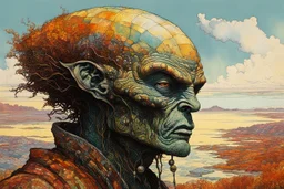 highly detailed ink oil portrait painting of an ancient alien wander , in the impressionist style of Childe Hassam, mixed with art nouveau, abstract impressionism, the surrealism of Yves Tanguy, and the comic art style of Jean-Giraud Moebius, precise and sharply defined facial features and skin textures, in subdued autumnal colors