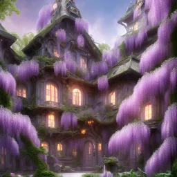 a magical flower wisteria house in the woods, pink vertical, sharp, vines, candlelit, endor, ornate, elegant, highly detailed, artstation, concept art, smooth, sharp focus, illustration, 8k, splash art, wallpaper, key visual