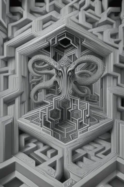 hexagon chrome labyrinth featuring illithid in the style of escher, 8k, trending art