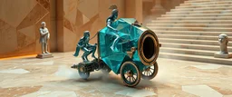 cybertruck race, medusa FOLLY, roman athlete guardian of xtal artifact, oracle smoke, perfect geometry, niad, greek gods and heroes, the chariot, the fool and the tower tarot card disaster rendered in magnificient 4d glossy marble stones reflective and wet, like mirrors, winding stairs, watchers, statues of perfect transparent dented glass octahedron dice spaceship with oval interference door, wheeled vessel