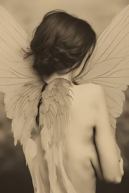 a haunting image of a woman with insect wings protruding from her back as she faces away from us, in despair and pain, her wings that are broken torn and crumbling
