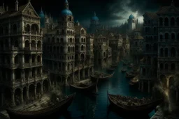 A Venice-style city near a dark forest painted by Leonardo da Vinci