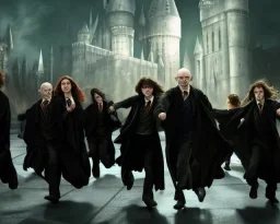 scene from harry potter and the order of the phoenix, dynamic lighting, dynamic movement, Sirius Black, Harry Potter, Remus Lupin, magic, 8k resolution, Voldemort, monochromatic, DSLR, panorama, complementary colours, splash of colour, hyperrealism, 8k resolution concept art, intricately detailed