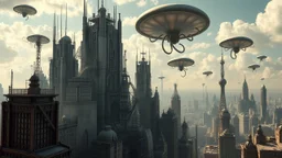 a stunningly weird image of a futuristic metropolis using Salvador Dali's paranoiac-critical method, where buildings and structures appear to melt into the skyline cityscape is filled with floating medusas and mad, twisted metal shapes that interact with the buildings and each other, forming a surreal tableau of a dreamlike reality. neu-steampunk vibe, essence of the scene in a cinematic manner, with dramatic shadows that enhance the distorted perspectives and bizarre mood