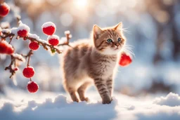 A beautiful colourful little cat catches a red berry while standing on a snowy branch in sunshine, ethereal, cinematic postprocessing, bokeh, dof