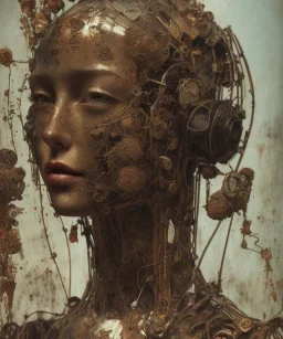 an abstract painting of rusted metal and flowers, portrait, rust, scaffolding, iron cladding, decay, mixed media, textured, anatomically correct, beautiful perfect face, sharp focus, highly detailed