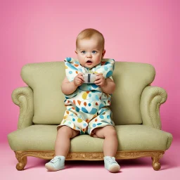 smug-looking baby holding tv remote control sitting on couch, colorful, digital art, by Hugh Kretschmer