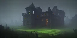 Ruined overgrown small castle in a dense forest, dynamic lighting, night, misty